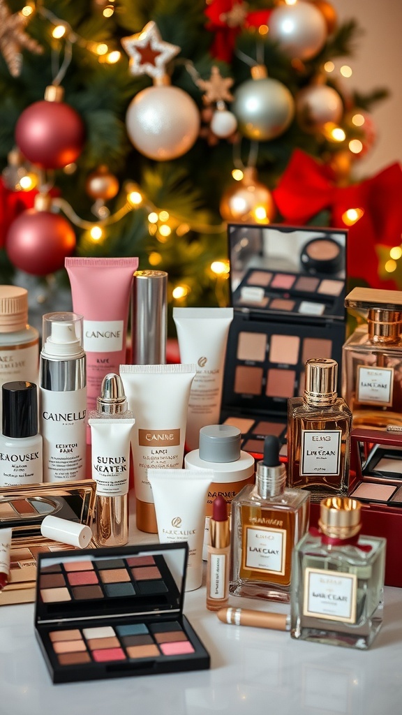 A festive arrangement of beauty products for Christmas gift ideas, featuring skincare and makeup items.